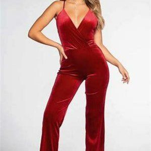 If By The Sea Red Velvet Jumpsuit Large